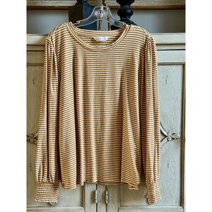 Womens XL Lauren Conrad Long Sleeve Top with Gathered Wrist in Mustard and White